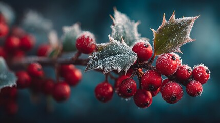Close-up of bright red holly berries on a branch with prickly green leaves covered in delicate frost crystals against a dark blue background.
