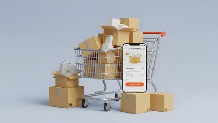 Online shopping concept with mobile phone and packages in shopping cart