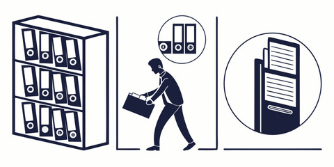 A person walking with a briefcase between a bookshelf and a filing cabinet. © AE