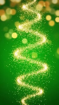A shimmering golden spiral of light ascends against a festive green background