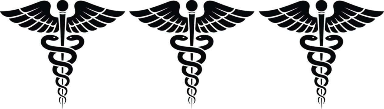 Three black caduceus medical symbols with wings and snakes isolated on a white background.