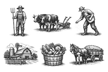 Vintage farm agriculture engraving set, rustic hand drawn sketches isolated ai generated illustration