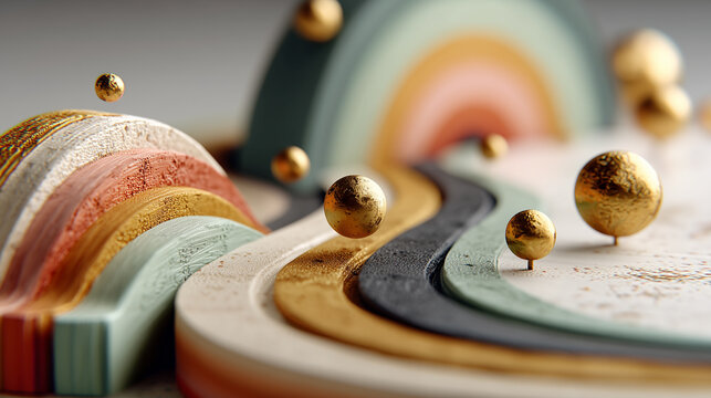 Abstract colorful business strategy roadmap with golden spheres.