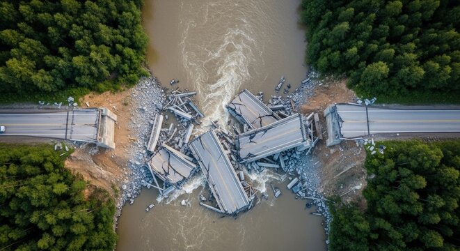 Aerial view of a collapsed bridge over a river, with a forested area on either side.