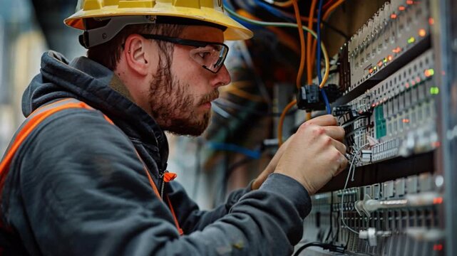 A skilled electrician concentrates on wiring connections within a metal panel at an urban construction site, with bright equipment lights illuminating the electrical work during daylight hours