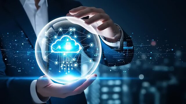Professional holding a futuristic adobepremiumvideo globe with cloud computing icons in a cityscape at dusk