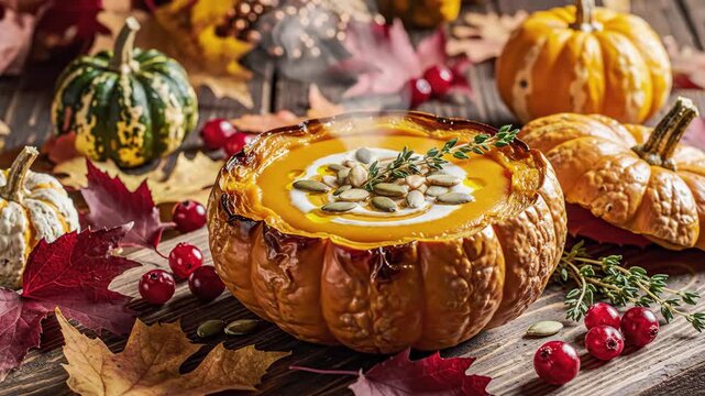 Creamy soup served inside roasted squash surrounded by autumnal decorations