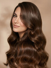 Naklejka premium Model poses with long brown hair in soft waves against a simple background