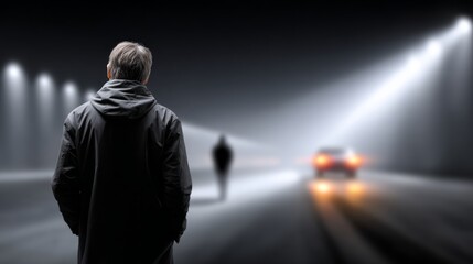 Fototapeta premium A figure waits on a dimly lit street as another silhouette walks toward him in the night