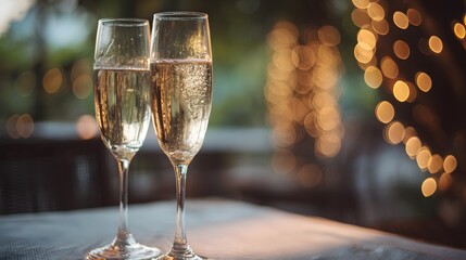 Two glasses of champagne with bubbles and bokeh lights in the background