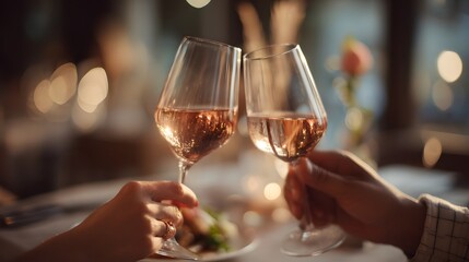 Fototapeta premium Couple clinking glasses of rose wine during a romantic dinner celebration