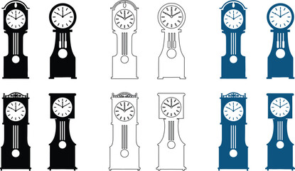 Assortment of grandfather clocks in silhouette outline and blue color variations