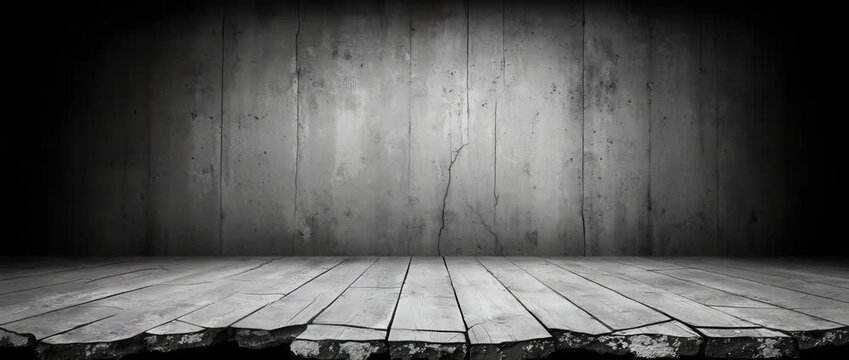 Moody empty stage with cracked wooden floor and textured concrete wall