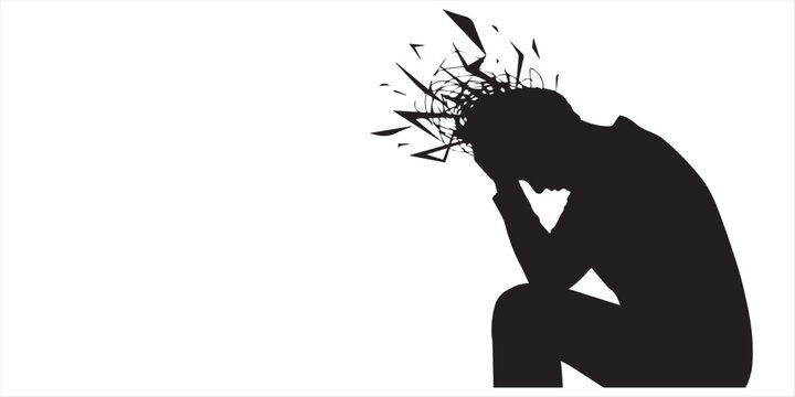 Silhouette of depressed man sitting alone feeling sad and anxious head in hands on white background dark concept for mental health awareness and emotional support in social issues and psychology for a