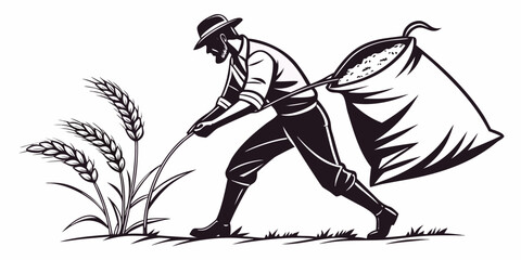 Fototapeta premium A farmer harvesting wheat in a field with a scythe and a bag.