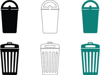 Collection of six different trash can in black white and teal colors ,  shapes, lids, open, closed, perforated, solid,