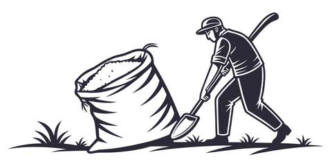 A man diligently working in the field with a shovel and a large sack. © Mamun