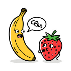 cute cartoon banana and strawberry characters having a conversation with speech bubble, funny comic fruits illustration © Satoru Sketches