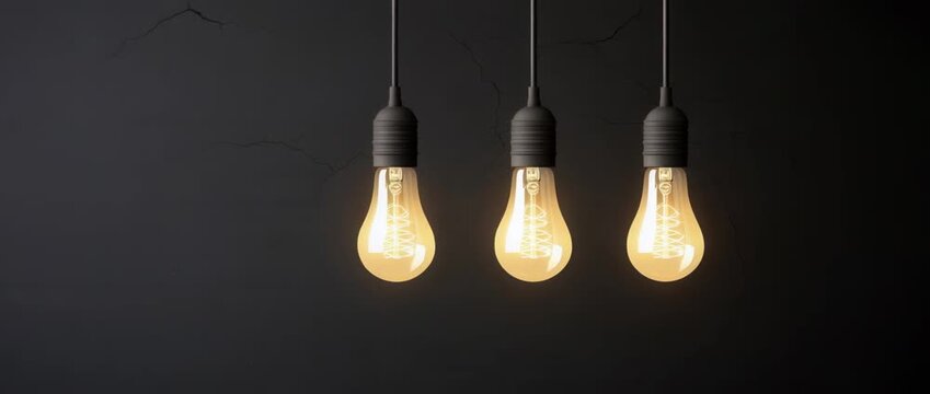 Three glowing vintage Edison light bulbs hang against  dark  wall space