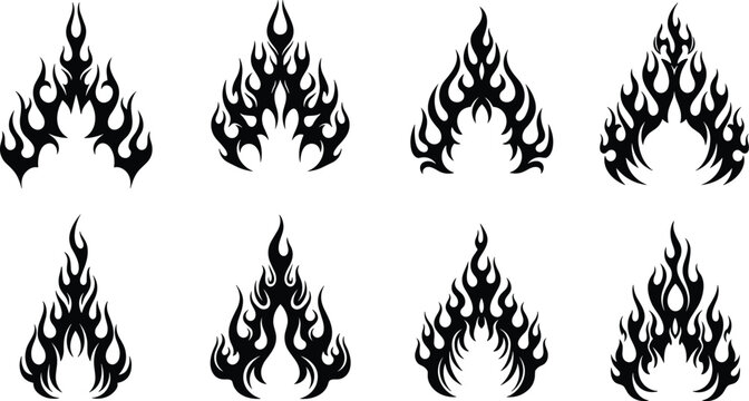 Stylized flame vector illustration, abstract fire design, symmetrical teardrop shapes, decorative tattoo motif, fiery energy art, graphic burning pattern