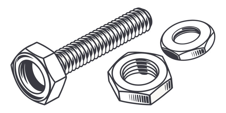 Assorted hexagonal bolts and nuts with washers for mechanical assembly