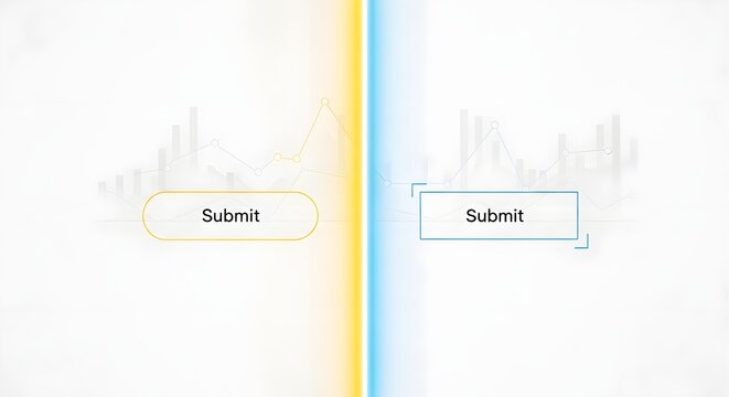 Split screen interface with yellow and blue submit buttons, featuring abstract data graphs for technology and decision making