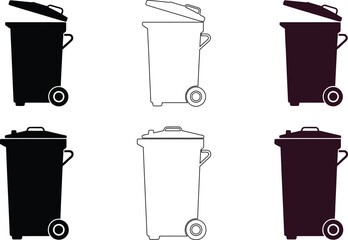 Collection of six wheeled trash bins in black white and dark purple silhouettes and outlines