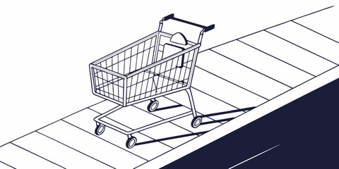 A wireframe shopping cart tilting on a sloped surface with a dark background © Mamun