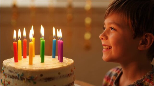 birthday cake with 10 colorful candles in front of smiling boy celebrating festive mood bright party concept kids entertainment