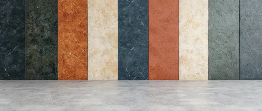 Selection of seven vertical textured stone wall panels above  gray concrete floor