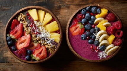 Healthy acai bowls with fresh fruit toppings on rustic wood