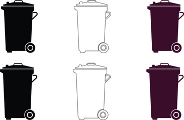 Six wheeled trash bins in black white and dark purple silhouettes and outlines variations