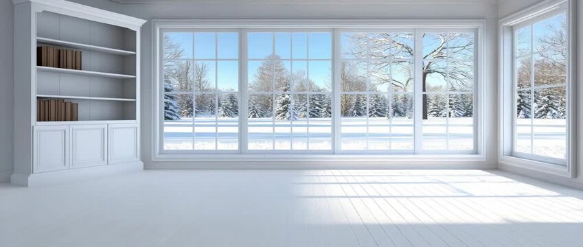 Bright interior room with white floor and built in white shelving unit overlooks winter landscape through large