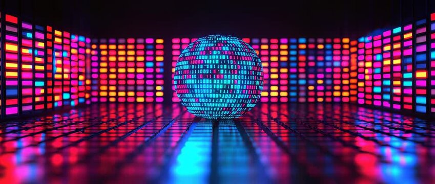 Digital binary sphere glows amidst vibrant neon equalizer display and reflective surface