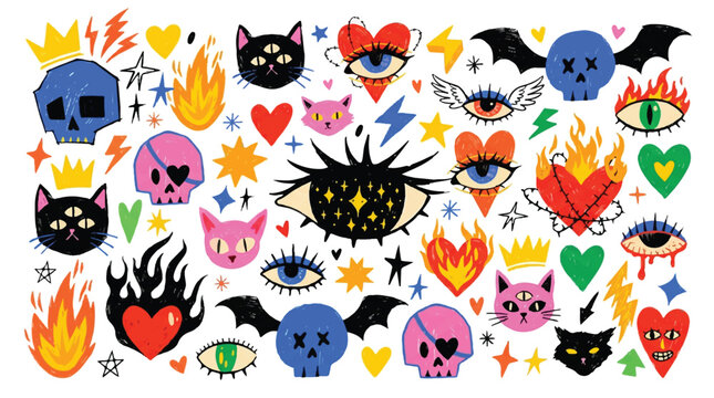Colorful cartoon sticker set with hearts eyes skulls and flames