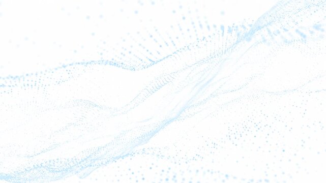 Soft blue particle wave flows across a clean white background, forming an elegant abstract digital landscape with smooth motion and depth.