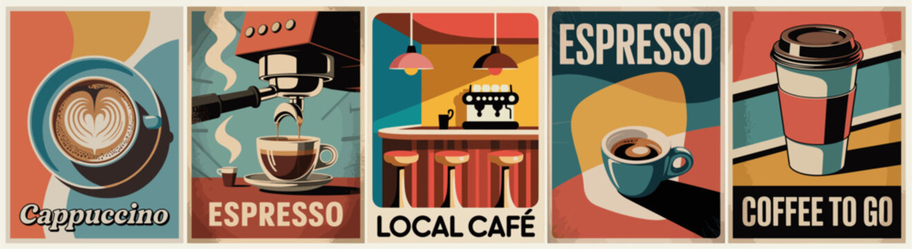 Set of retro coffee posters in mid-century modern style: cappuccino, espresso, local caf&eacute;, espresso cup, and coffee to go, with bright, vivid color palette.