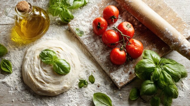 Round pizza dough ball with fresh basil leaf on floured wooden cutting board alongside cherry tomatoes and olive oil bottle