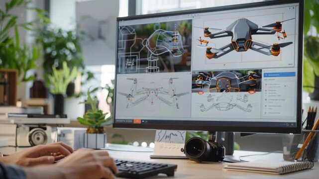 An engineer is deeply focused on drone design on a high-tech computer screen, immersed in a futuristic workspace with sleek modern gadgets and lush greenery