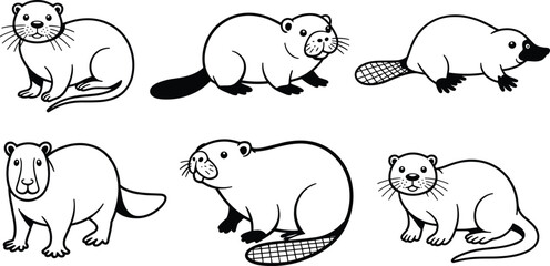 Cartoon silhouette illustration collection of semi‑aquatic mammals including otter, beaver, platypus, and groundhog, educational animal artwork concept for wildlife, nature, biology, zoology design