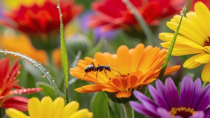 Vibrant Flowers with Bee in Garden.
