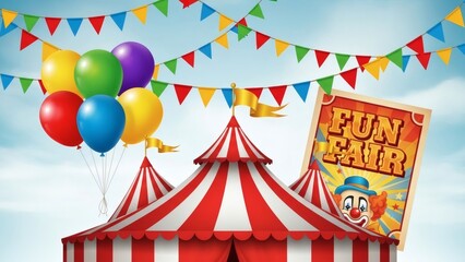 Vibrant Funfair Scene with Red and White Tent.