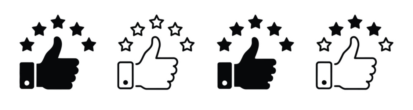 Thumb Up and Five Stars Vector Icons, illustrating customer feedback, best ratings, satisfaction symbols, high service quality, client approval, review evaluation, and professional vector graphics 