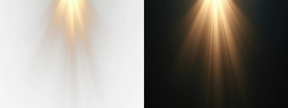 Warm golden spotlight beams with fog or smoke haze on black and white split background, stage lighting overlay effect