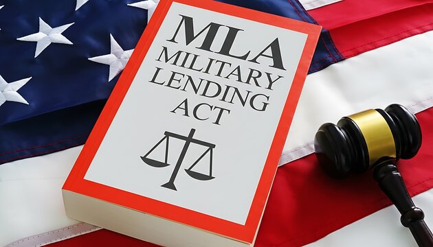 Book MLA Military Lending Act law text on cover with justice scales icon, gavel and USA flag background, legal compliance concept for lending, regulation and finance