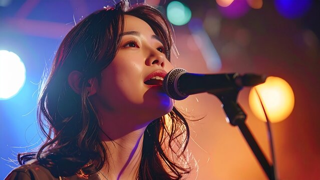 ライブステージで歌うミュージシャンの女性