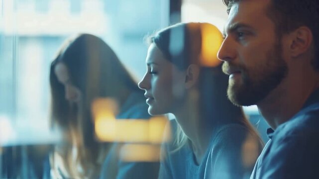 Through a pane of glass, we glimpse three individuals lost in introspection, a hushed atmosphere of thoughtful contemplation permeating the cafe setting.