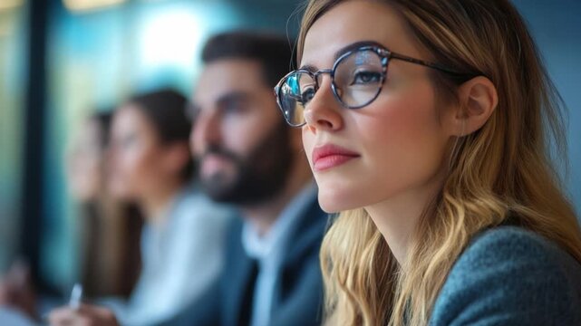 Focused  A contemplative woman with glasses, seated amongst her peers, exudes an air of intelligence and attentiveness.