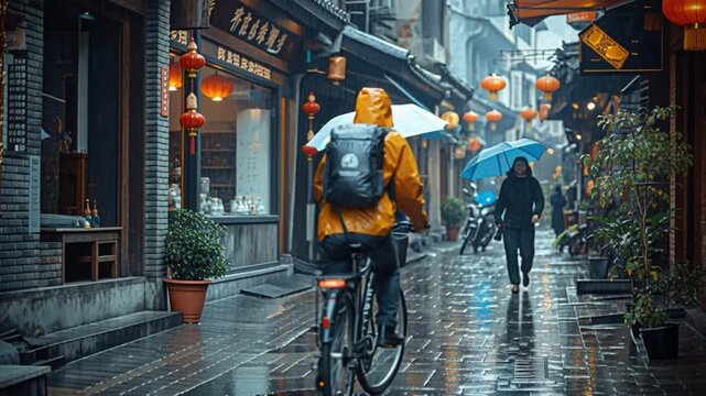 Bicyclist clad in bright yellow raincoat pedals through a wet, historic street, surrounded by antique buildings and vibrant lanterns, embodying the charm of navigation on a rainy day in a quaint town
