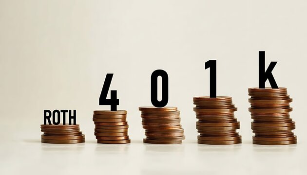 Coins stack with Roth 401k text on white background, finance concept, saving money featuring retirement, investment, wealth with currency and metal elements for brown, beige projects, clean